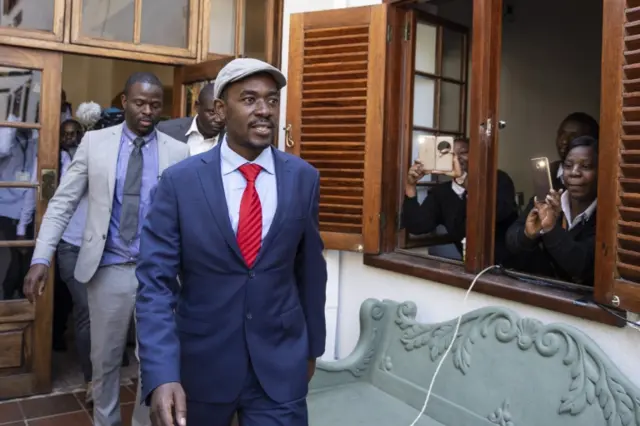 MDC leader Nelson Chamisa arrives to deliver a press conference on August 3, 2018 in Harare, Zimbabwe