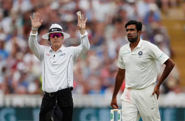 Umpire Christopher Gaffaney signals a six for England"s Sam Curran (not pictured)