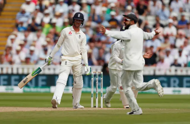 Keaton Jennings looks dejected after losing his wicket