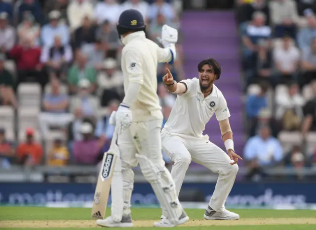 Ishant Sharma appeals with success for the wicket of Adil Rashid