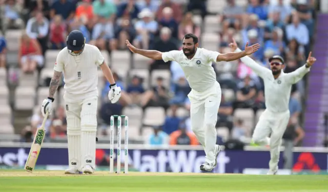 Ben Stokes is lbw to Mohammed Shami