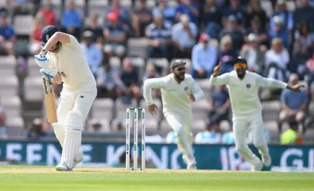 The India slips celebrate as England batsman Jonny Bairstow is caught behind