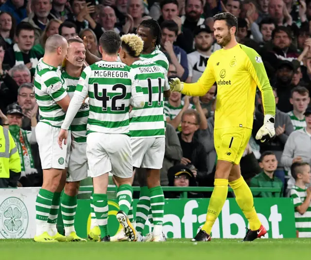 Celtic celebrate after Leigh Griffiths makes the breakthrough from a free kick