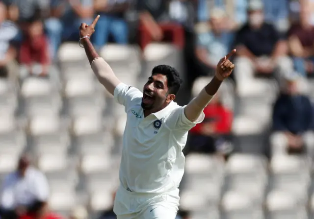 Jasprit Bumrah celebrates taking the wicket of England"s Keaton Jennings