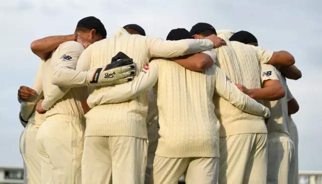 England huddle ahead of taking the field during the Specsavers 4th Test match between England and India at The Ageas Bowl