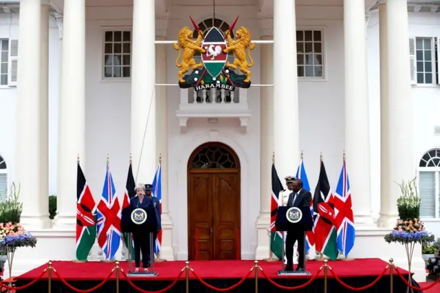 Uhuru Kenyatta addresses a joint news conference with Britain"s Prime Minister Theresa May at the State House in Nairobi, Kenya August 30, 2018