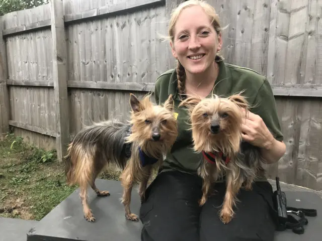 Bruno and Poppy with carer Emma Smith