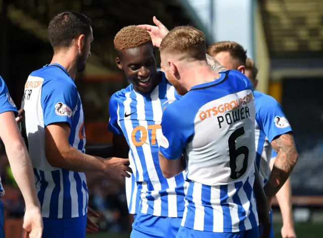 Kilmarnock's Mikael Ndjoli (centre) celebrates scoring his teams second goal making it 2-0