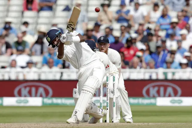 Hardik Pandya plays a shot during play on the fourth day of the first Test cricket match between England and India at Edgbaston