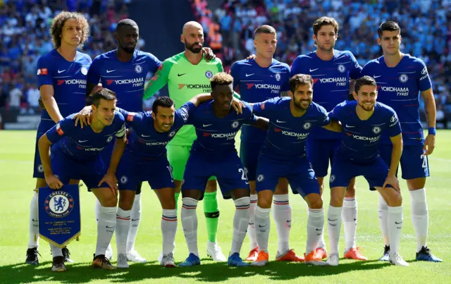 Chelsea players pose for a team group photo before the match