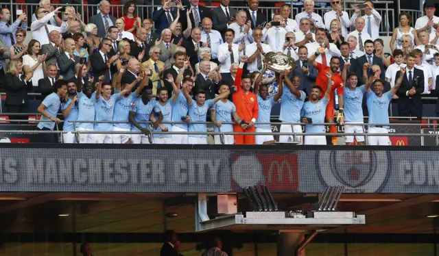 Manchester City celebrate with the trophy after winning the FA Community Shield