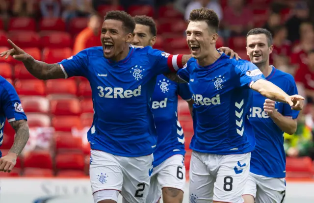 James Tavernier celebrates his Rangers goal with Ryan Jack