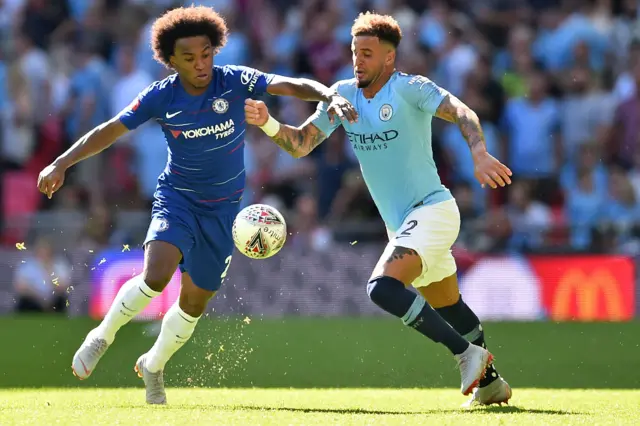 Willian (L) vies with Manchester City"s English defender Kyle Walker