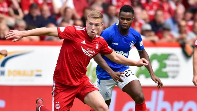 Lassana Coulibaly challenges Lewis Ferguson at Pittodrie