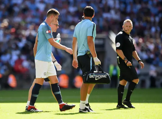 Aymeric Laporte of Manchester City leaves the field injured during the FA Community Shield