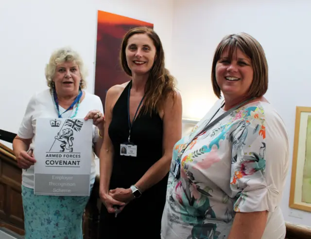 Councillor Hilary Fryer, champion for the Armed Forces, with Chris Traill and Victoria Coomber at Charnwood Borough Council.