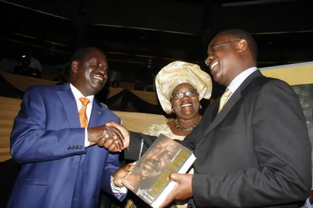 Former Prime Minister Raila Odinga, Idda Odinga and Nairobi Governor Evans Kidero during the launch of his autobiography on October 6, 2013 at the KICC in Nairobi, Kenya