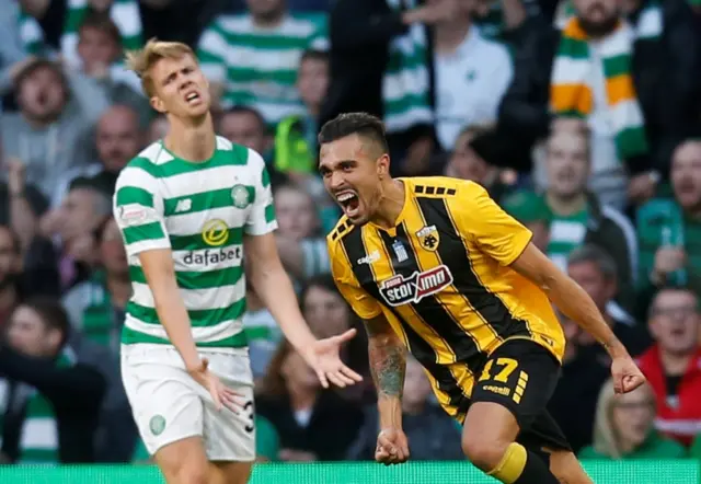 Viktor Klonaridis celebrates scoring for AEK as Celtic's Kristoffer Ajer looks on