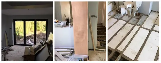 Pictures of bare floorboards and half repaired rooms.