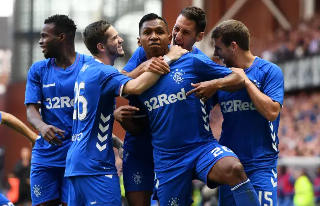 Rangers' Alfredo Morelos celebrates making it 1-0 with team-mates