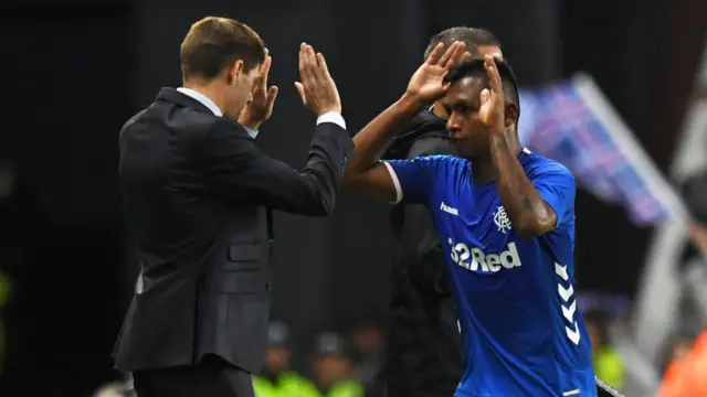 Rangers manager Steven Gerrard congratulates Alfredo Morelos