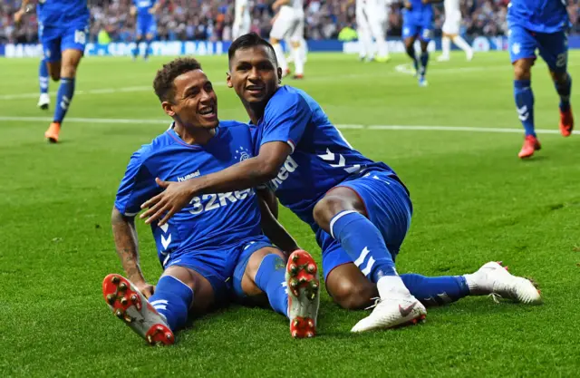 Rangers' James Tavernier and Alfredo Morelos celebrate