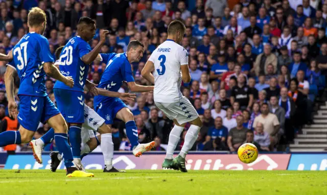 Jamie Murphy scores for Rangers against Shkupi