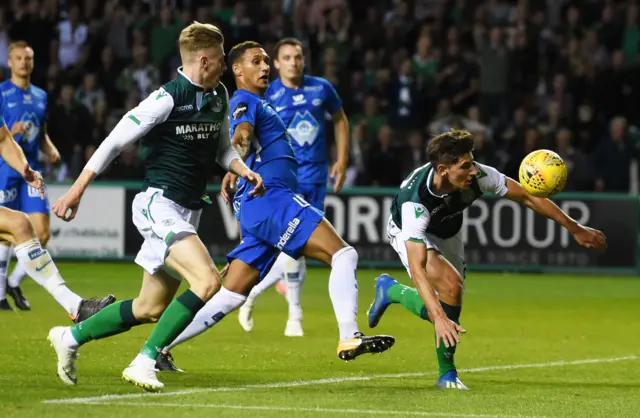 Hibernian's Emerson Hyndman watches as the ball goes wide