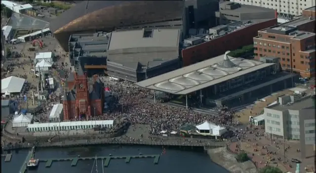 An aerial shot over the Senedd