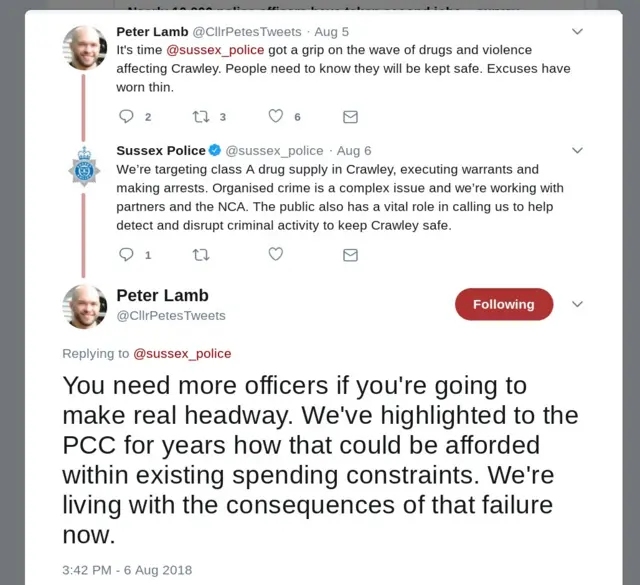 Peter Lamb's Twitter exchange with Sussex Police