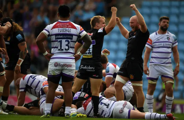 Exeter celebrate a try