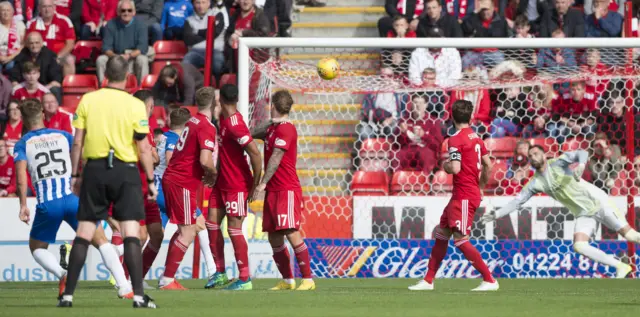 Eamonn Brophy (left) watches his free-kick hit the net to give Kilmarnock the lead