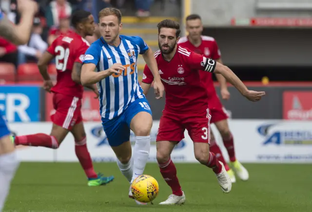 Kilmarnock's Greg Stewart (left) in action against his former club captain Graeme Shinnie