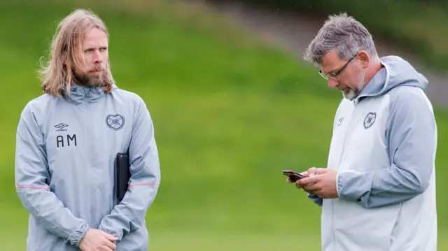 Hearts assistant Austin MacPhee and manager Craig Levein