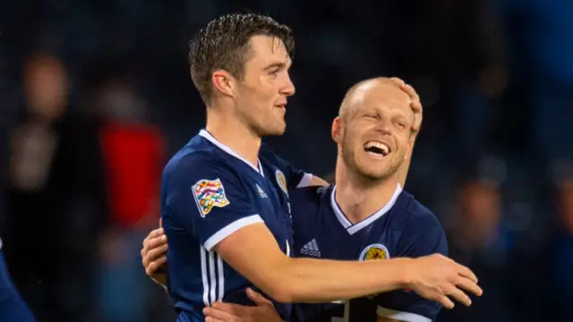 Scotland's John Souttar and Steven Naismith celebrate