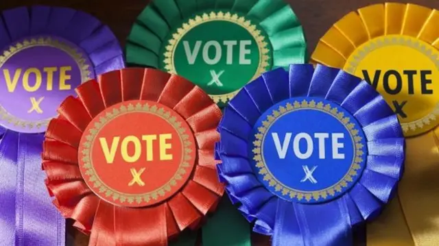 Rosettes saying "Vote"