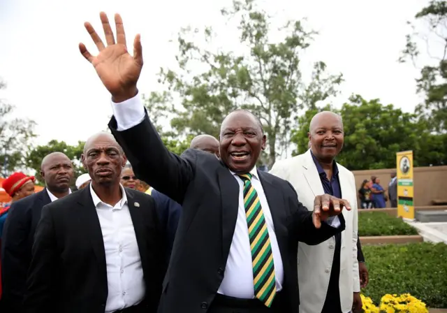 African National Congress Cyril Ramaphosa greets supporters during a wreath laying ceremony at the gravesite of former ANC president Chief Albert Luthuli on December 08, 2017 in Groutville, South Africa.