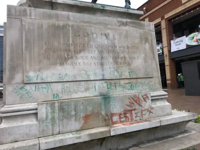 Graffiti on Coventry's Godiva statue