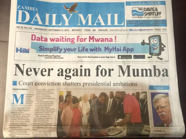 Headline of  the Zambia Daily Mail paper: "Never again for Mumba"