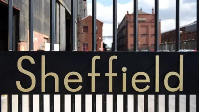 The word Sheffield on a fence in the city.