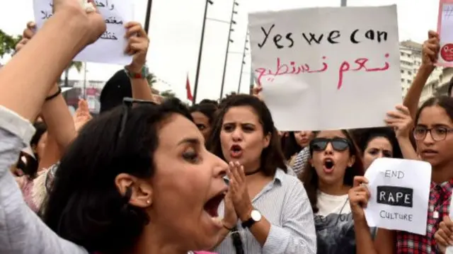 Moroccans chant slogans in Casablanca in August 2017, during a protest against sexual harrasment