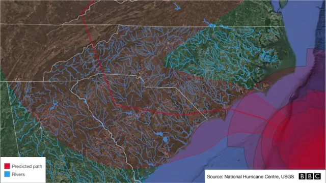 Map showing the storm path and rivers