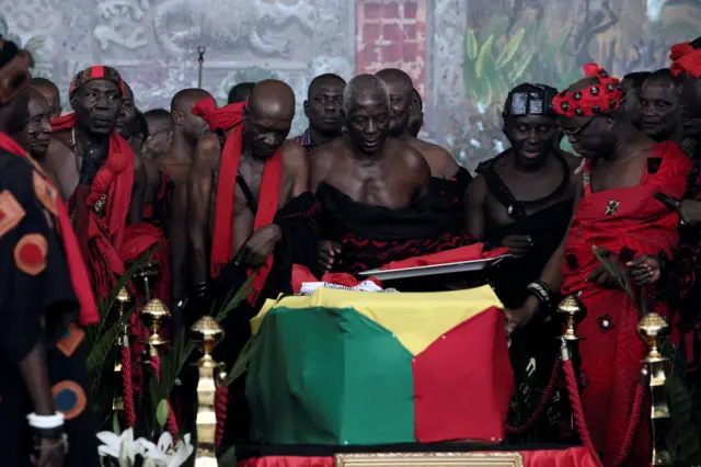 Traditional leaders pay their respects to former United Nations Secretary General Kofi Annan, who died in Switzerland, as his casket lies in state at the International Conference Centre ahead of the state funeral in Accra