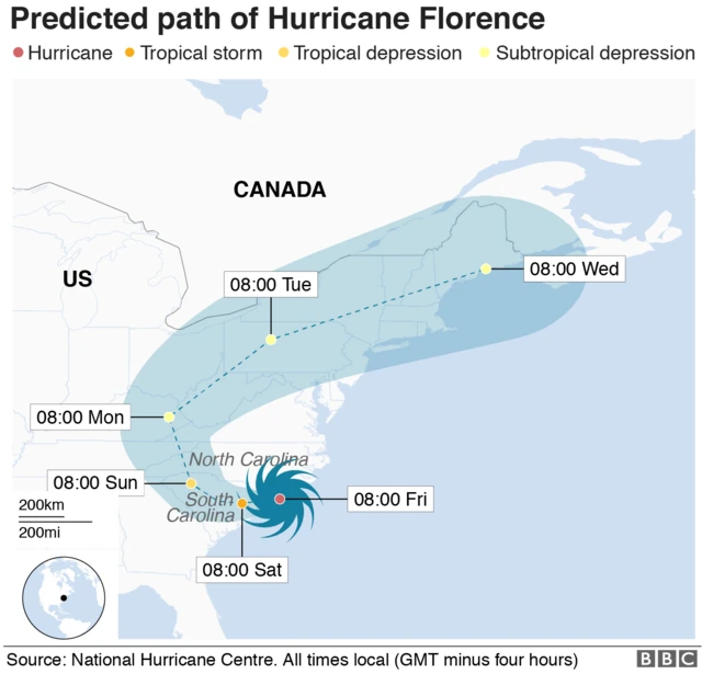 Map showing forecasted hurricane path