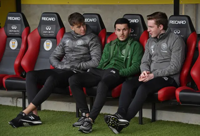 Lewis Morgan with two of his Celtic team-mates