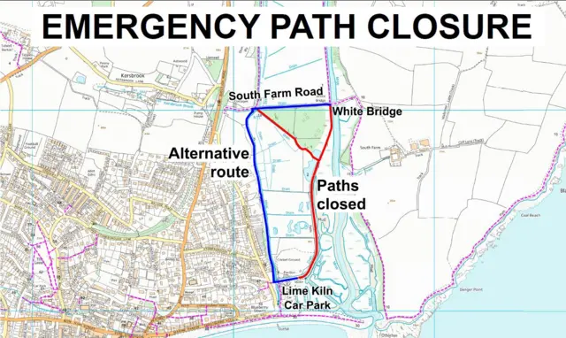 Geographical map showing the path closure