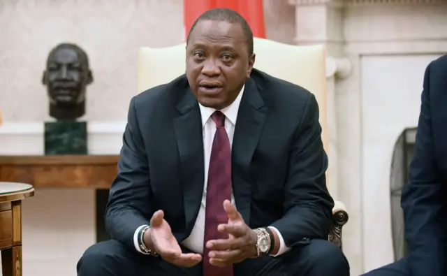 Kenyan President Uhuru Kenyatta speaks during a bilateral meeting with U.S. President Donald Trump.