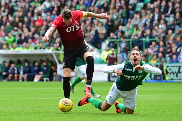 Jamie Maclaren tumbles under Kirk Broadfoot's challenge