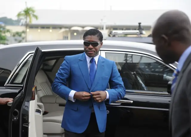 This file photo taken on June 24, 2013 shows Teodoro (aka Teodorin) Nguema Obiang Mongue, the son of Equatorial Guinea"s president, arriving at Malabo stadium for ceremonies to celebrate his 41st birthday.