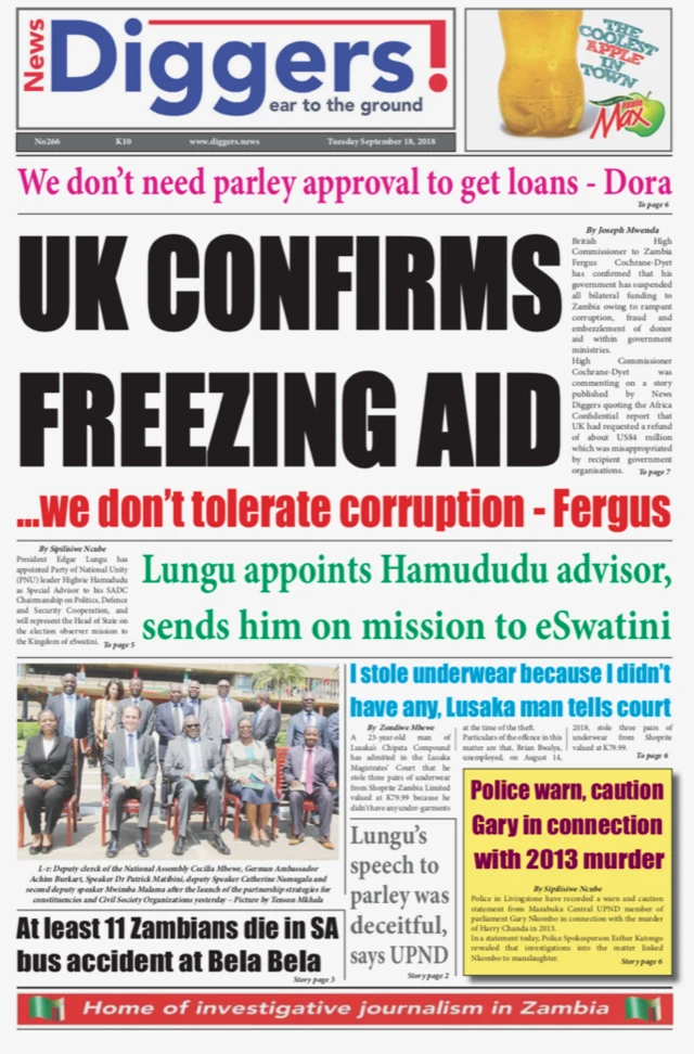 The front page of the Zambian newspaper News Diggers